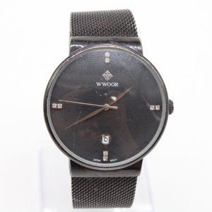 WWOOR Watch Mens Black Tone Stainless Steel Classic Black Big Quartz Dial